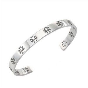 Tory Burch Silver Pierced Logo Cuff Bracelet with dust bag